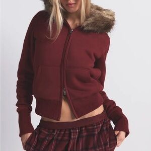 SKIMS Burgundy Faux-Fur Hooded Bomber Jacket